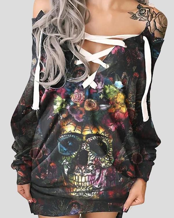 Halloween Off-The-Shoulder Printed Skull Casual Dress