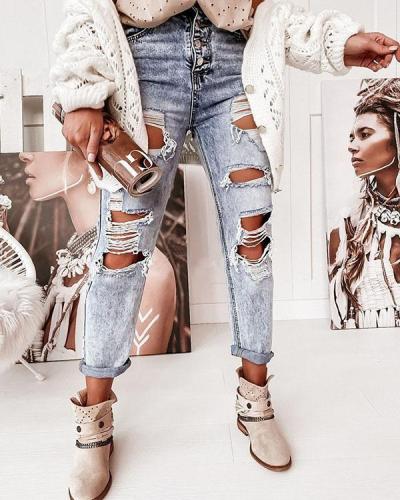 Blue Washed Denim Hole High Waist Ripped Jeans