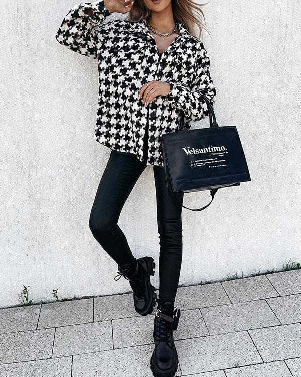 Casual Plaid/Houndstooth Coat with Pockets