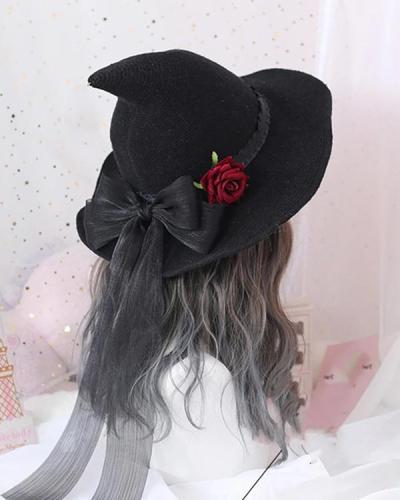 Halloween Witch Hat with Rose Flower Bow