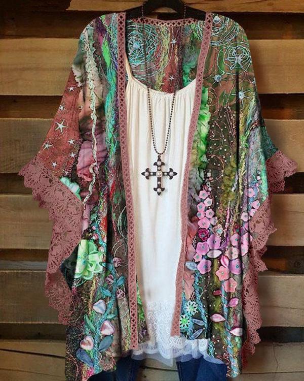 Women's Print Lace Sleeves Casual Cardigan