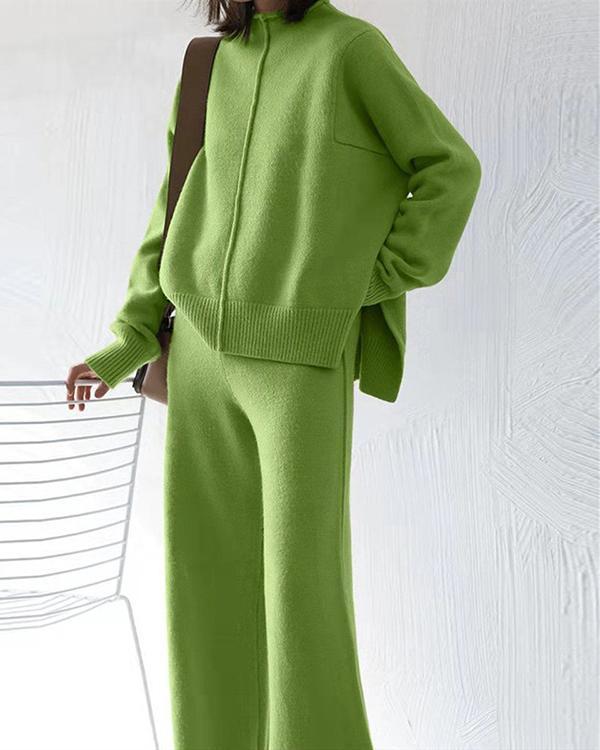 Long sleeve knitted sweater solid color loose fashion casual two-piece suit