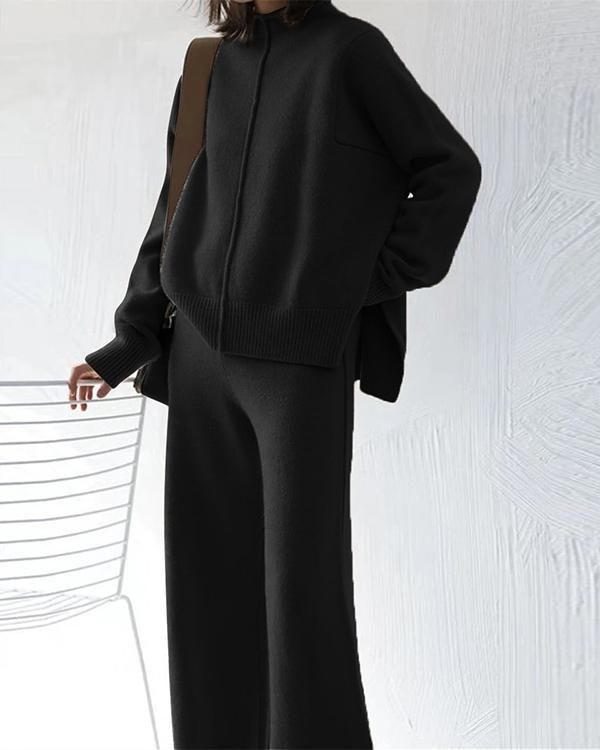 Long sleeve knitted sweater solid color loose fashion casual two-piece suit