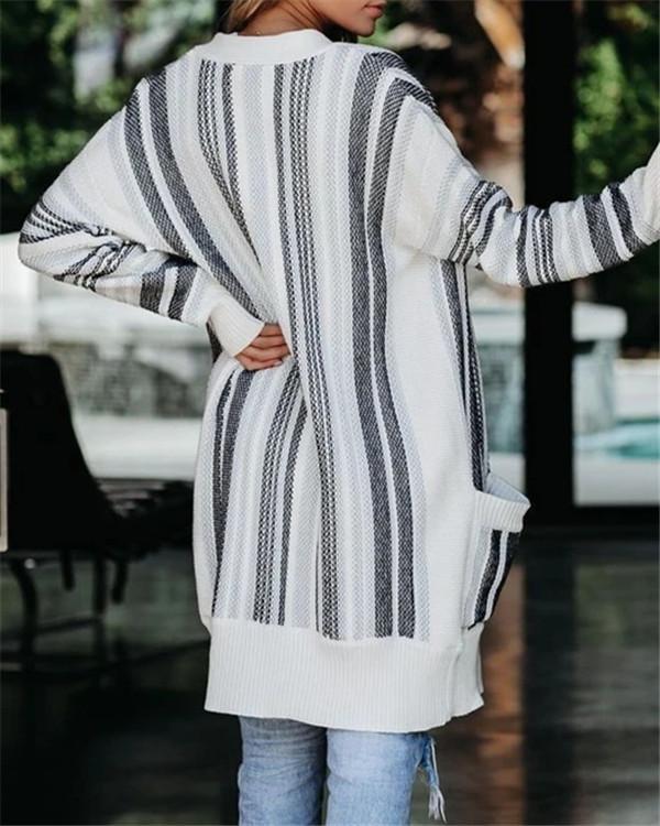 Long Striped Pocket Casual Cardigan with Long Sleeves
