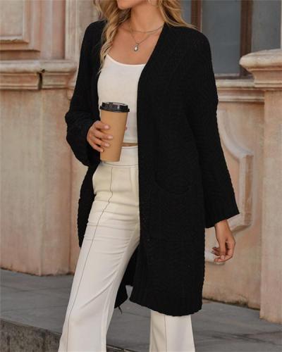 Solid Color Long Knitted Cardigan Sweater
