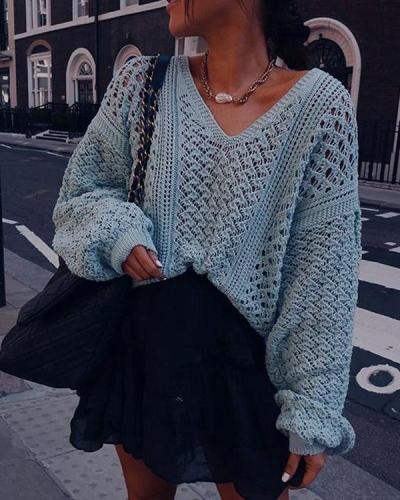 Sexy V-Neck Hollow Solid Color Loose Knit Sweater