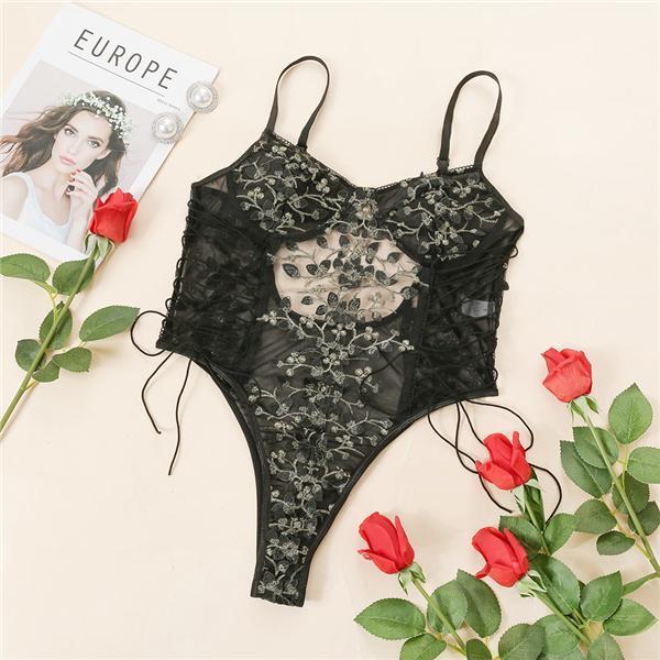 Flower Embroidered Lingerie Bodysuit Tie Up Lingerie