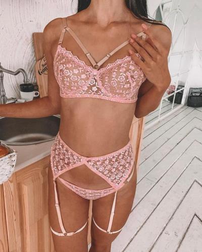 Pink Flower leaves Embroidered Lace Lingerie Set