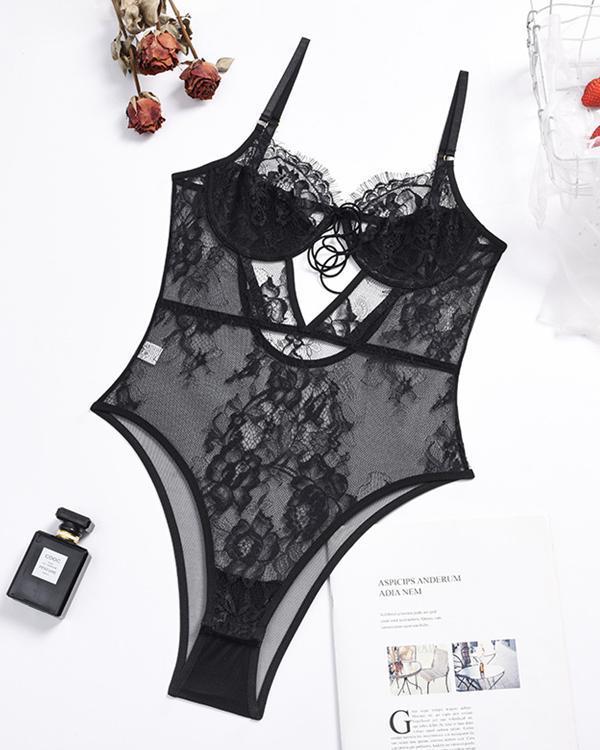 Embroidered Lace Lingerie Bodysuit Tie Up Lingerie