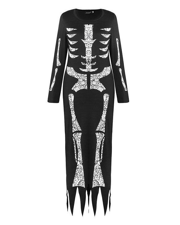 Halloween Skeleton Printed Irregular Hem Casual Dress