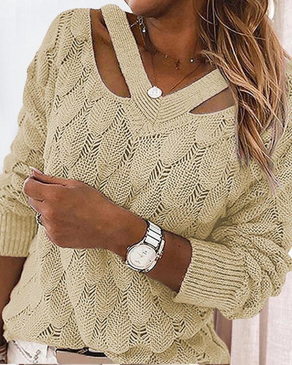8 Colors V Neck Crotchet Pattern Hollow Out Sweater
