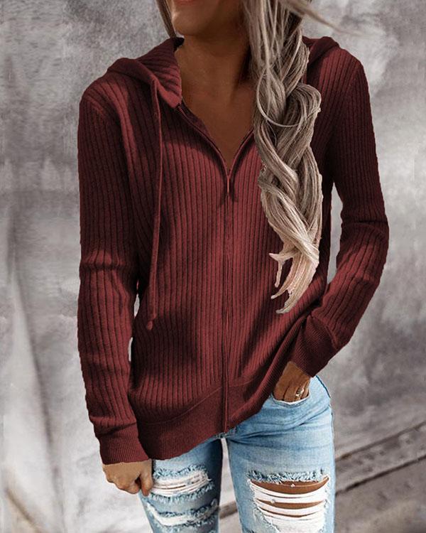 7 Colors Zip up Hoooded Knitted Sweater Cardigan