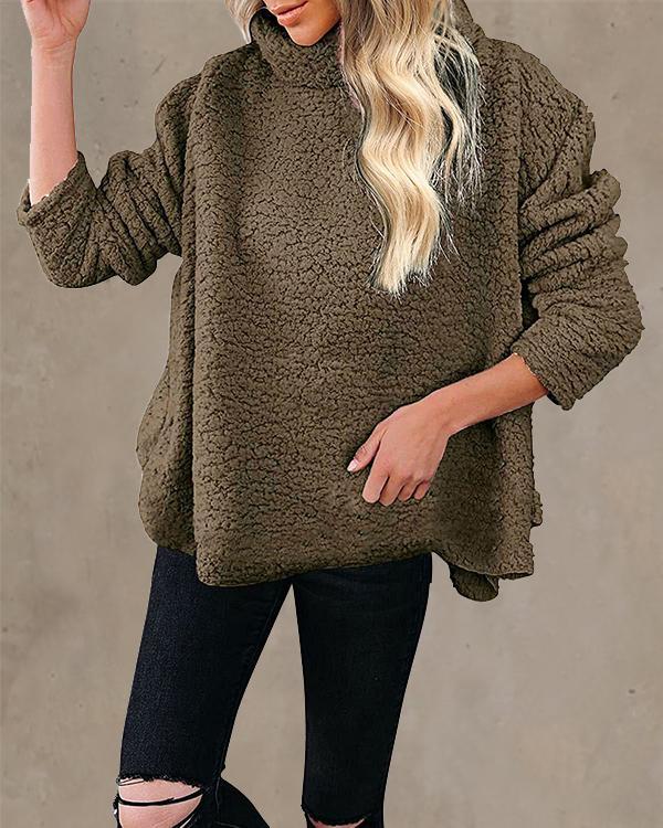 Solid Color Oversize Plush Turtleneck Pullover