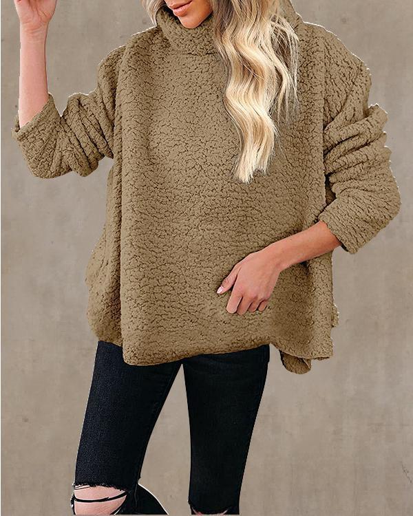 Solid Color Oversize Plush Turtleneck Pullover