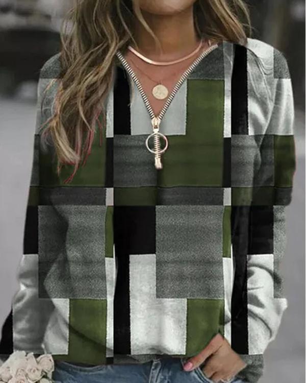 Plaid V-Neck Zipper Long Sleeves T-Shirt