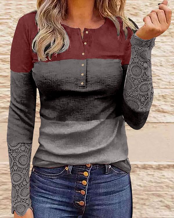 Button Slim Fit Colorblock Daily Autumn Pullover Top