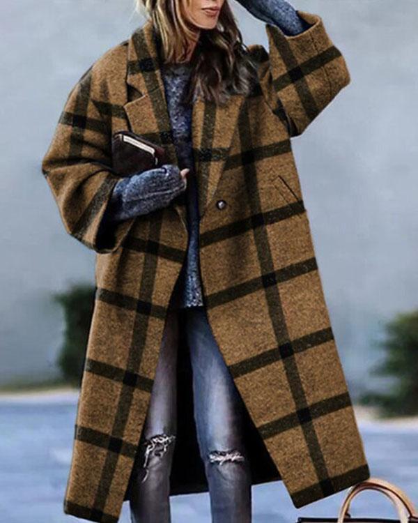 Lapel Plaid Letter Calf-length Loose Fit Overcoat with Pockets