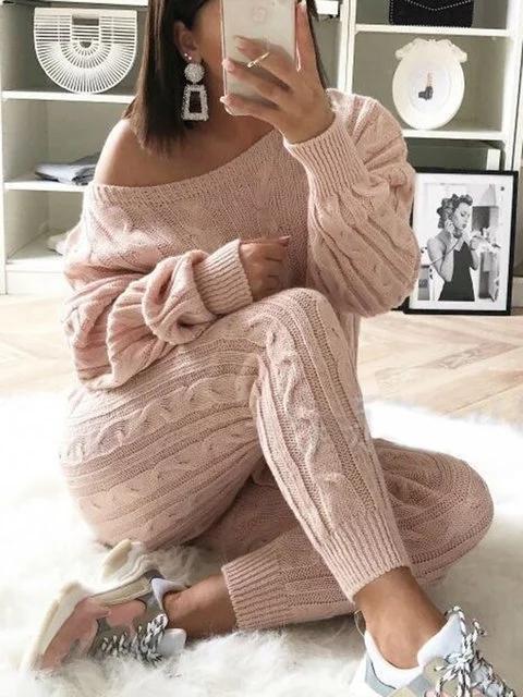 Women's Stylish Round Neck Two Piece Casual Warm Knit Wear Suit Sets