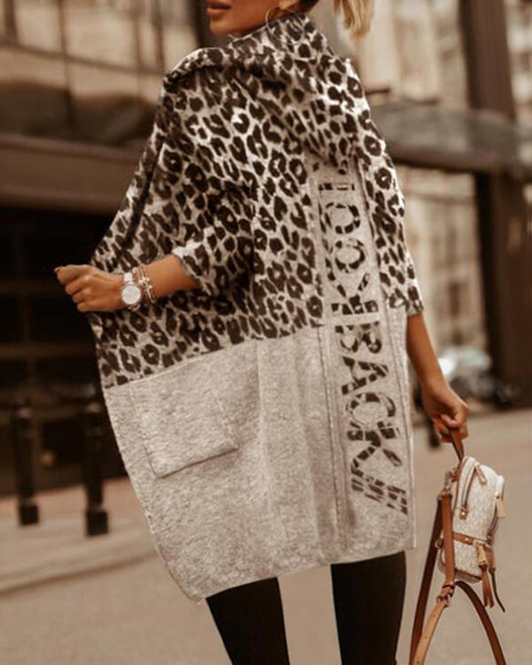 Loose Long-sleeved Leopard-print Woolen Coat