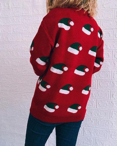 New Year's Christmas Hat Print Knitted Pullover Sweater