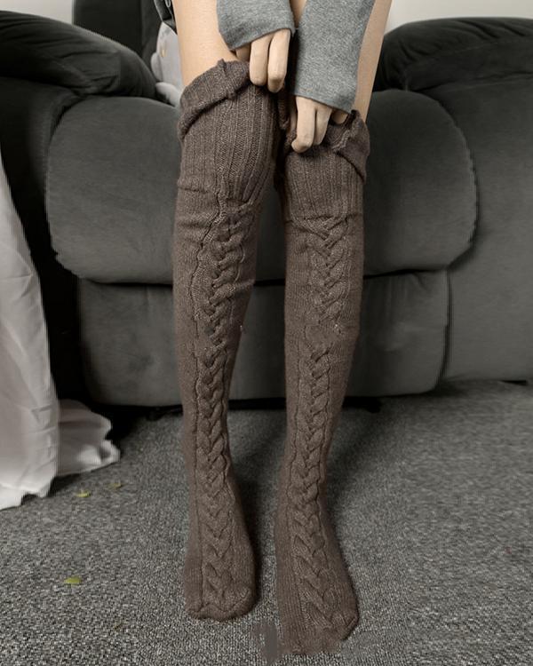 Women Cable Knit Stockings Woolen Socks