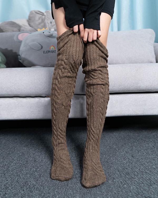 Women Crotchet Pattern Cable Knit Stockings