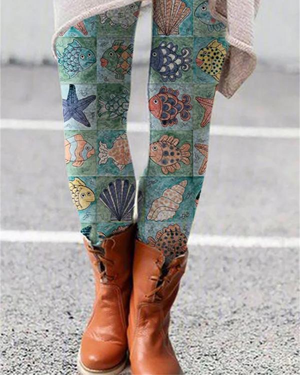 Women Vintage Print Leggings Casual Boho Pants