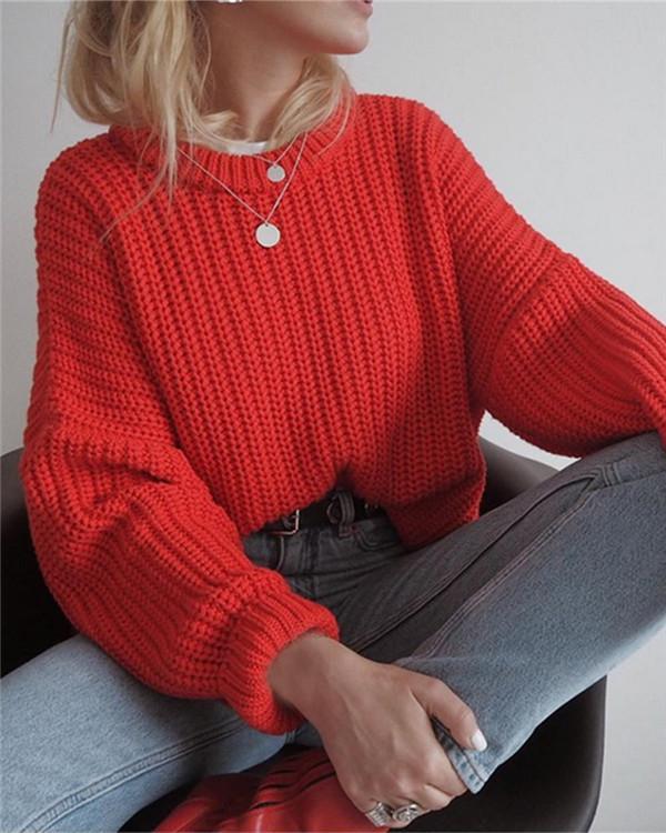 Round Neck Pullover Solid Color Loose Sweater