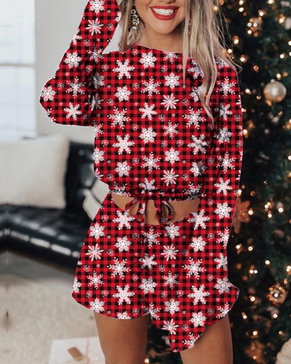 Christmas Print Loungewear Long Sleeve&Shorts Set
