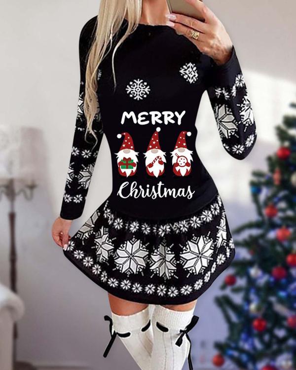 Christmas Moose Snowflake Print Long Sleeve Mini Dress
