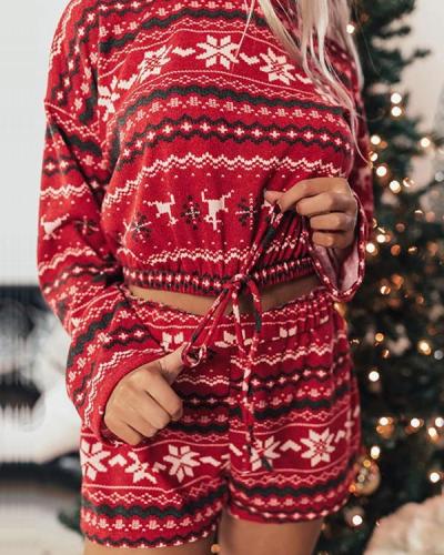 Christmas Print Loungewear Long Sleeve&Shorts Set