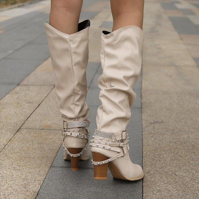 Rhinestone Studded Slip-On Side Buckle Chunky Round Heel Mid Calf Boots