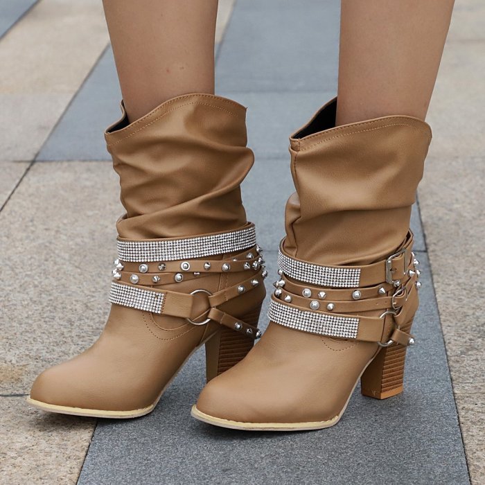 Rhinestone Studded Slip-On Side Buckle Chunky Boots