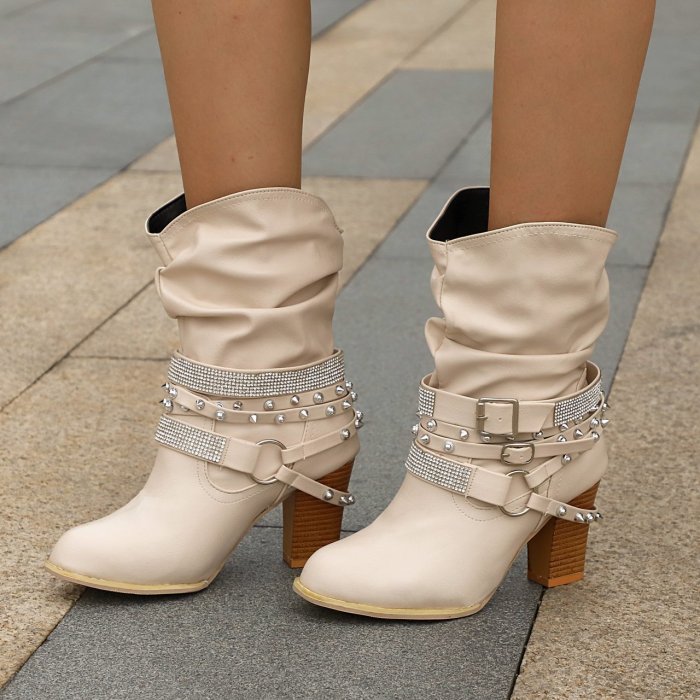 Rhinestone Studded Slip-On Side Buckle Chunky Boots