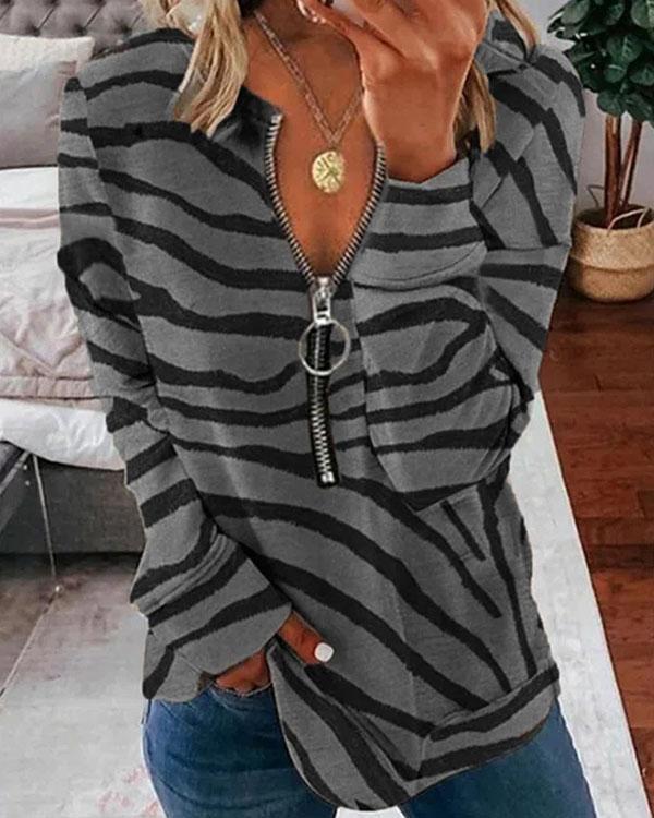 Casual Basic Zebra Print Zipper Long-sleeved Sweatshirt