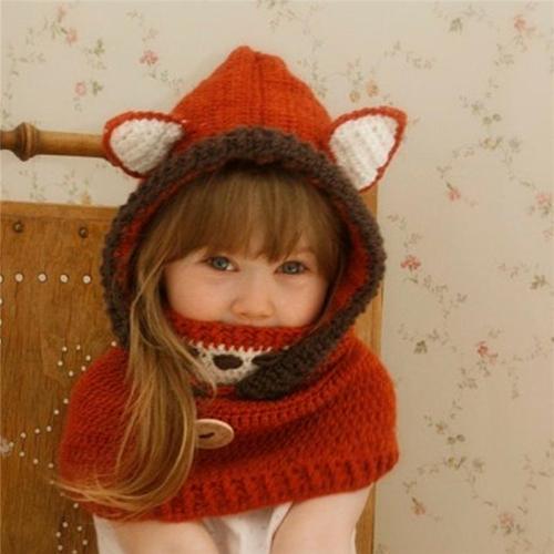 Children's Fox Crochet Warm Shawl Hat