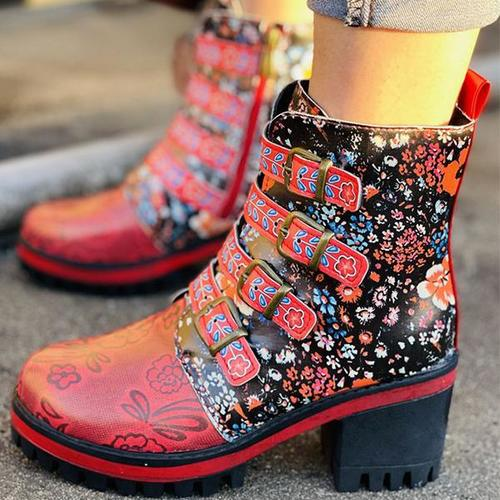 Ethnic Print Stitching Ankle Boots