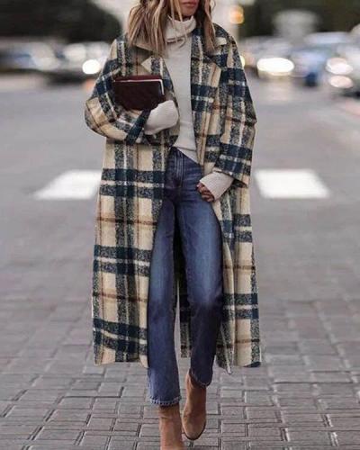 Vinatge Classic Lapel Plaid Loose Woolen Long Coat