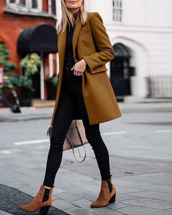 Mid-length Breasted Solid Color Blazer Coat