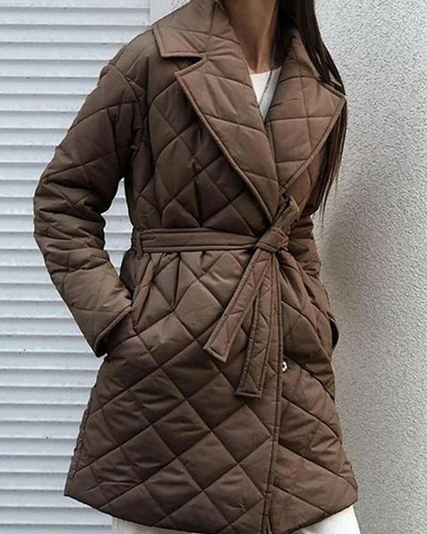 Pure Color Belted Double Pocket Casual Cotton Coat