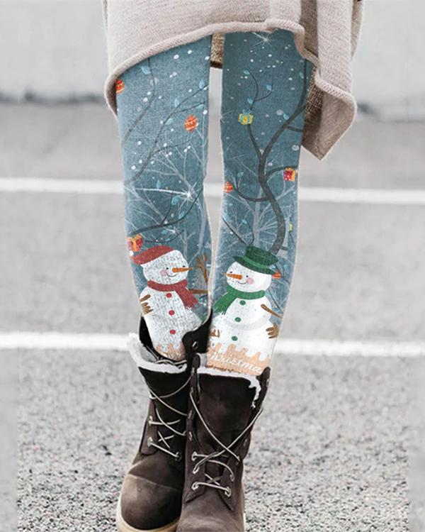 Women Painting Christmas Snowman Print Tight Pants & Leggings