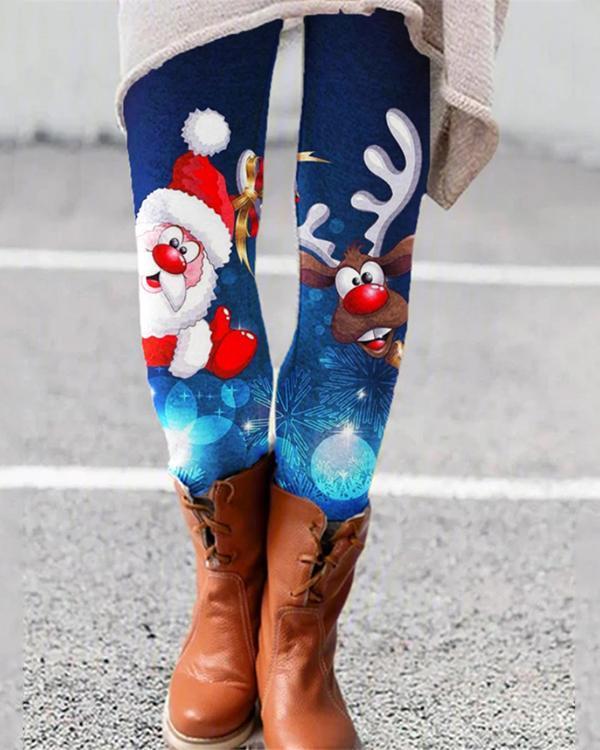 Women Painting Christmas Santa Print Tight Pants & Leggings