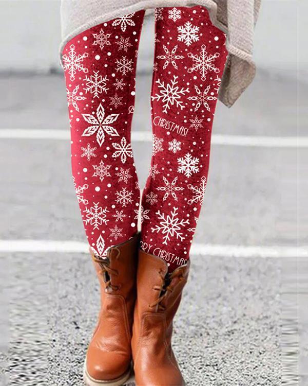 Women Red Christmas Snowflake Print Tight Pants & Leggings