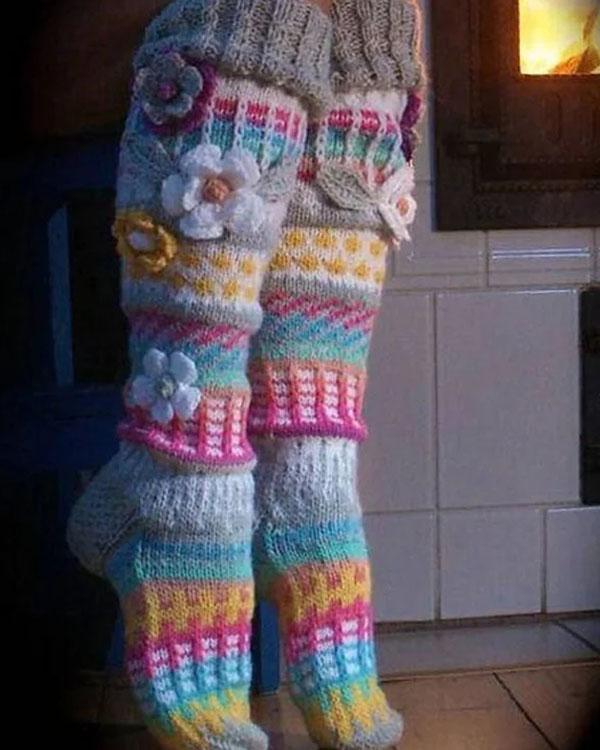 Women Rainbow Color Crotchet Flower Pattern Knit Stockings