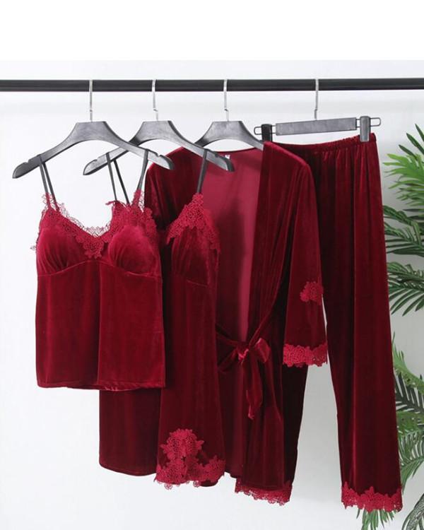Velvet Print lace Trim 4PCS Sleepwear Sets