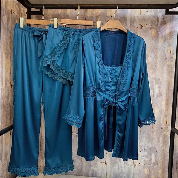 Elegant 4 Pieces Set Silk Satin Lace Silk Pajama