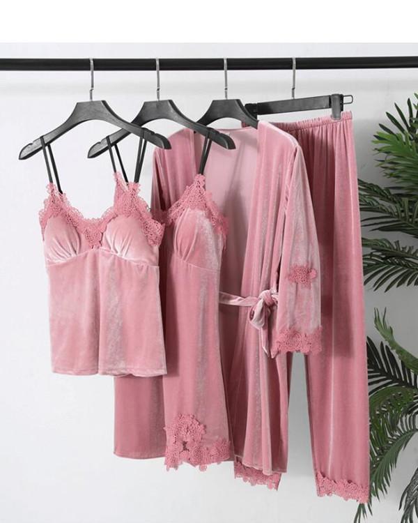 Velvet Print lace Trim 4PCS Sleepwear Sets