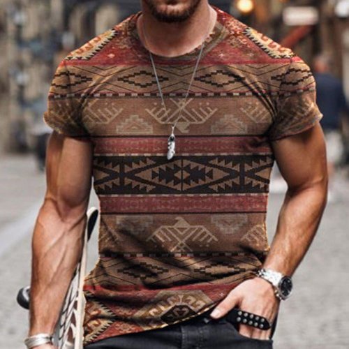 Geometric print brown casual crew neck men's Short Sleeve T-Shirt
