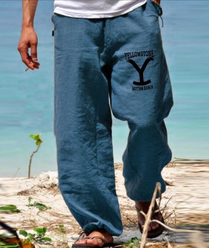 men's cotton linen elastic waist solid color loose casual pants