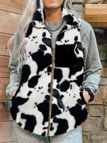 Cow printed stand collar vest female European and American Plush loose casual cardigan sleeveless co